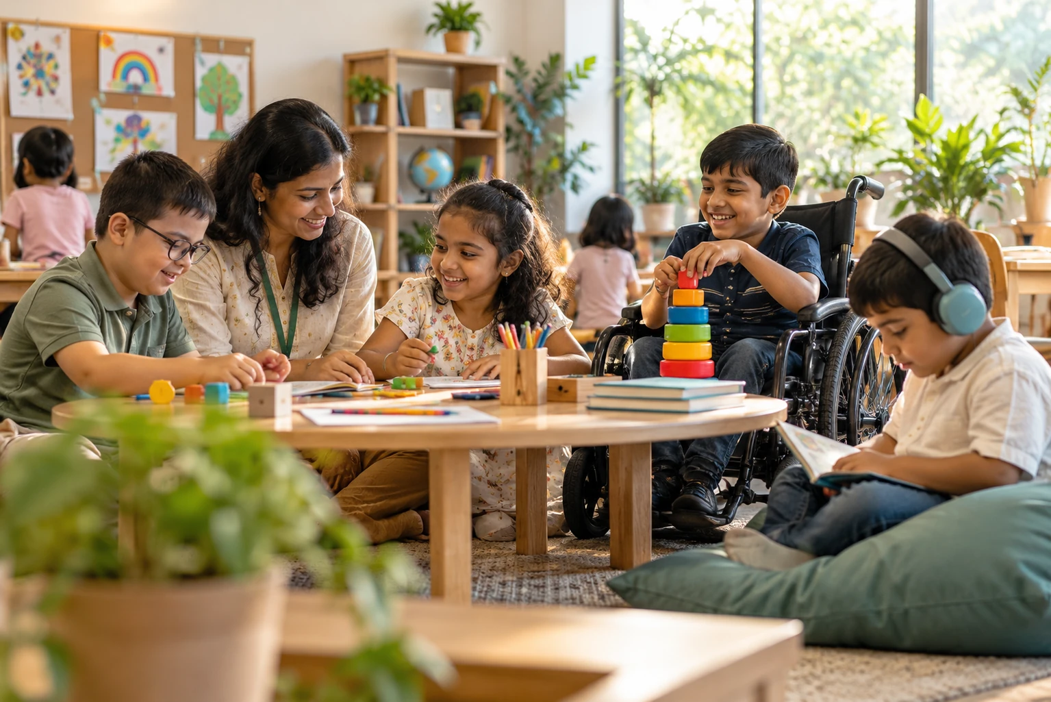 An educator supporting children in a warm, inclusive learning space