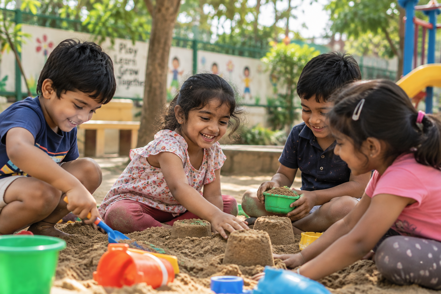 Children playing together outdoors in a green courtyard